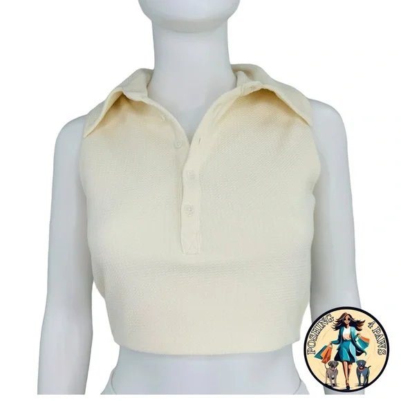 Camila Coelho Ivory Beja Waffle Tennis Prep Collared Preppy Crop Top XXS - Picture 7 of 11